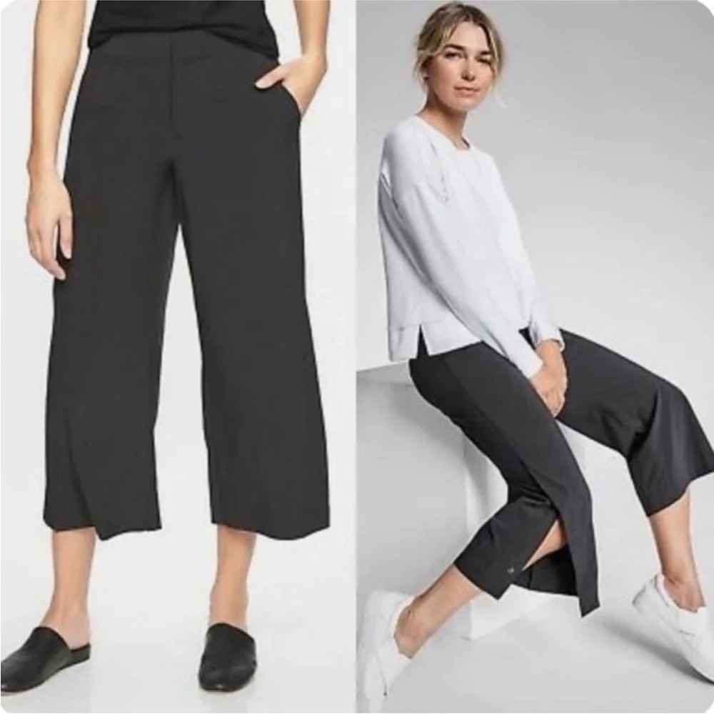 ATHLETA hidden snap CROP stretch WIDE LEG pants NAVY BLUE size 12